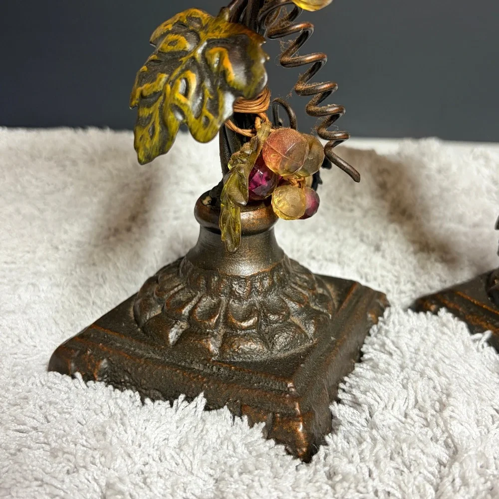 Vtg Tuscan Style Metal Grapevine Pillar‎ Candle Holders Set of 2 Bronze Finish
